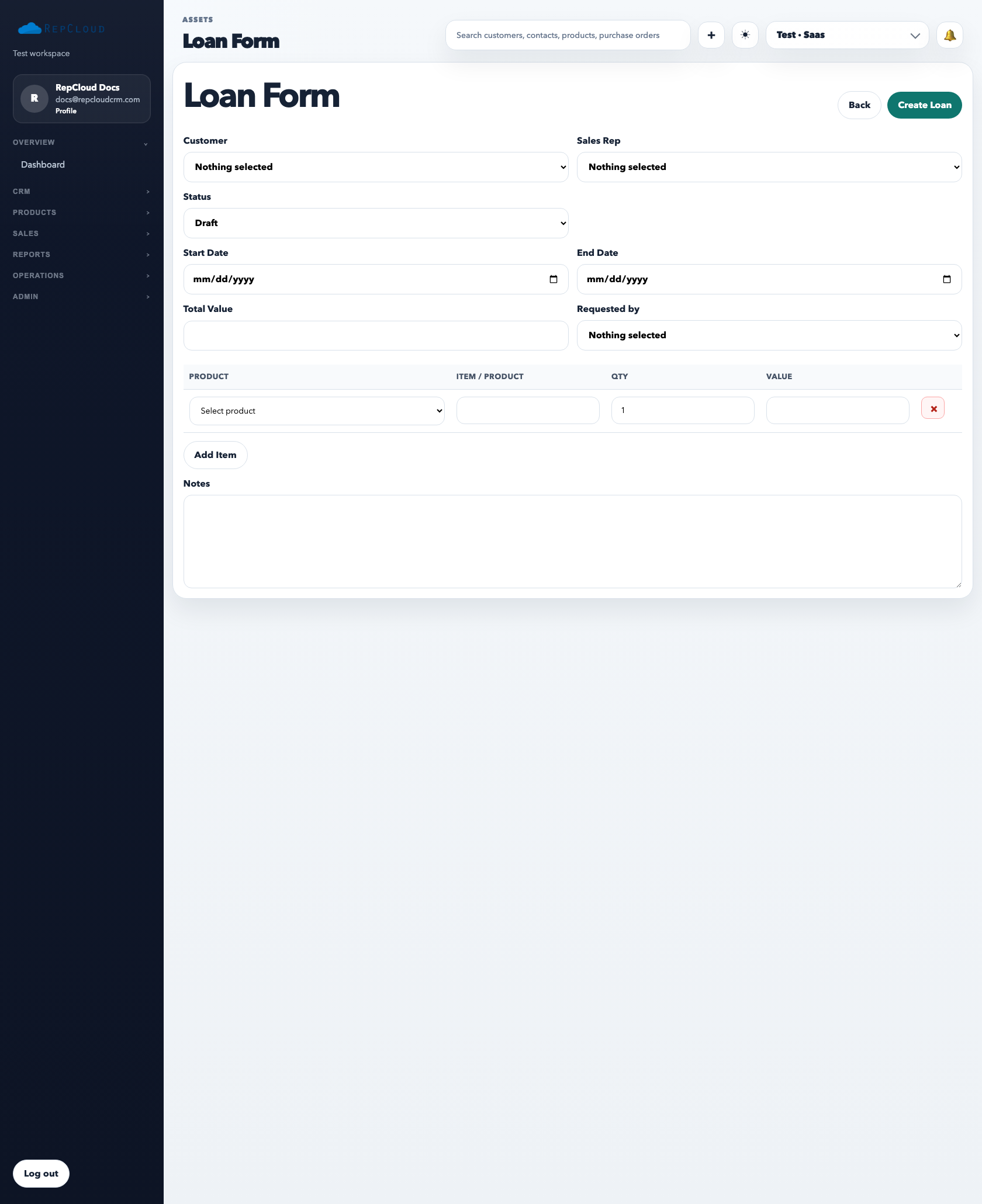 New asset loan page showing title, customer, dates, assigned items, and outgoing loan form fields.