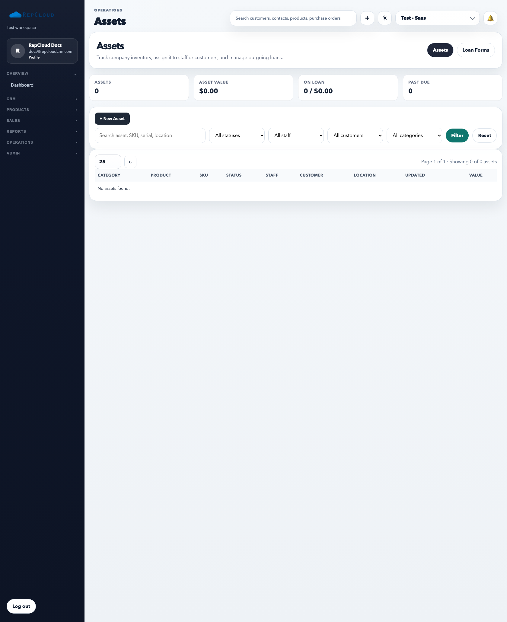Assets directory showing metrics, filters, search, category, status, and assigned customer or staff fields.