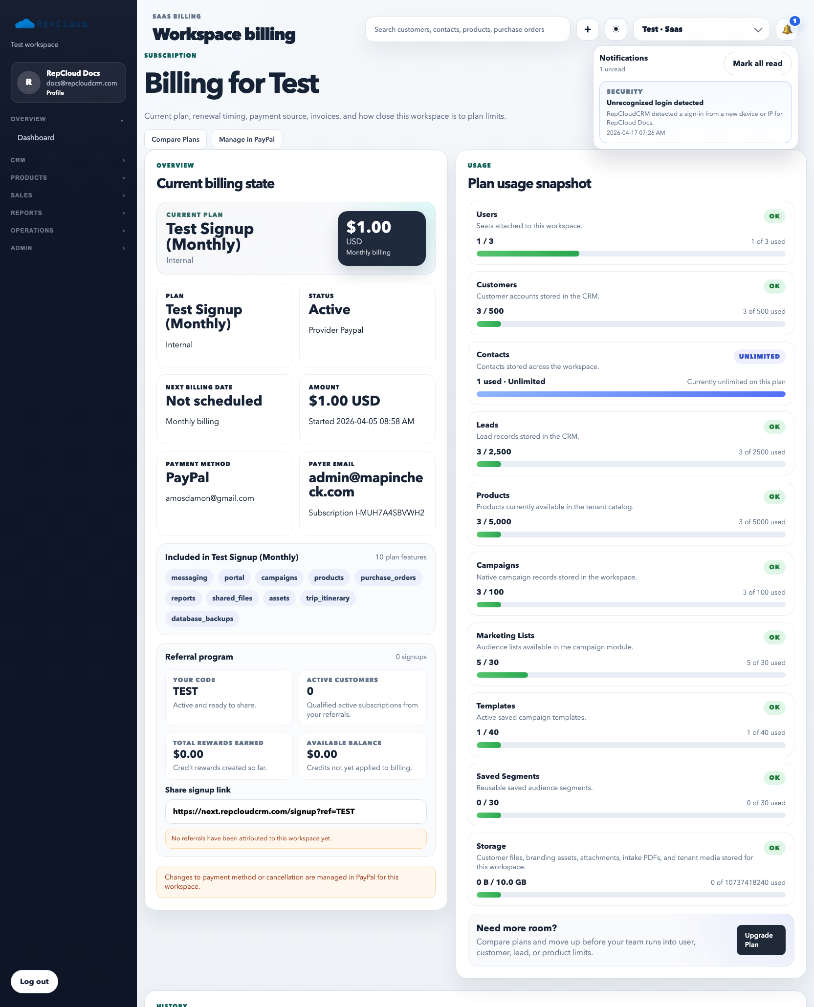 Billing page showing plan details, payment method summary, usage bars, invoice history, and referral program panel.
