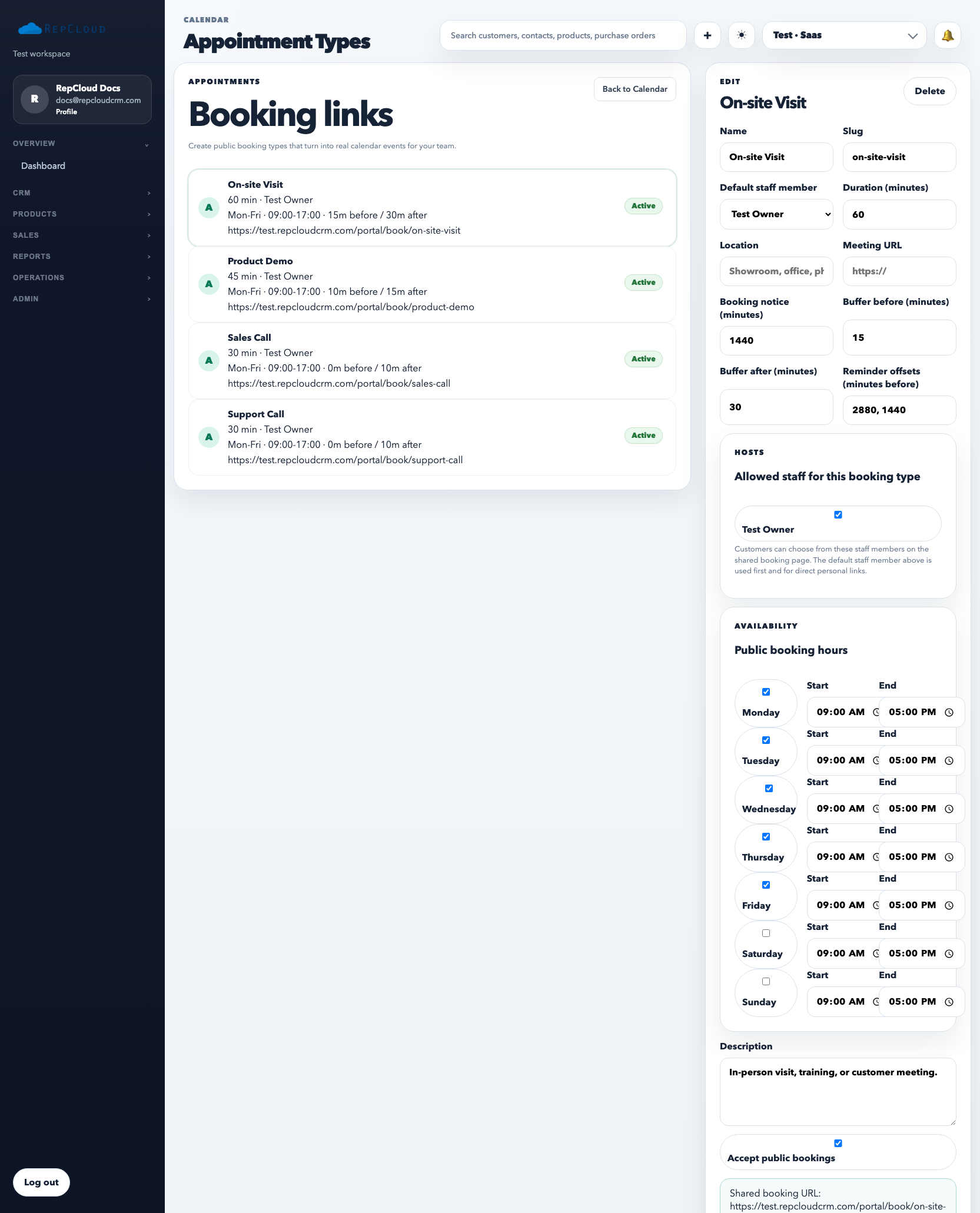 Appointment types page showing booking templates, hosts, durations, and availability controls.