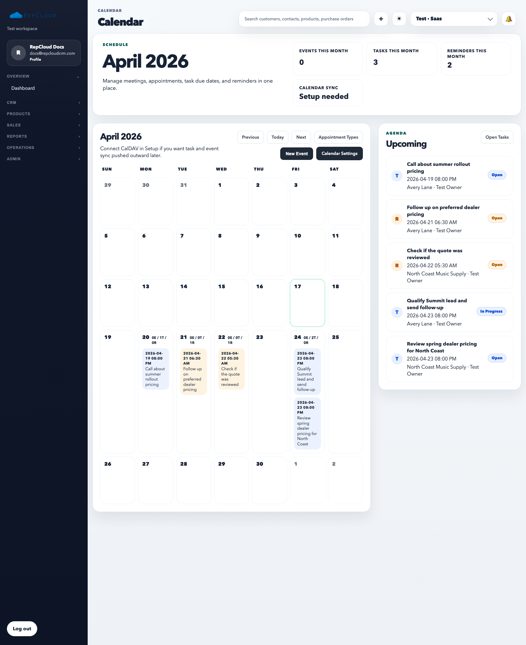 Calendar month view showing a monthly grid, event chips, and create event controls.