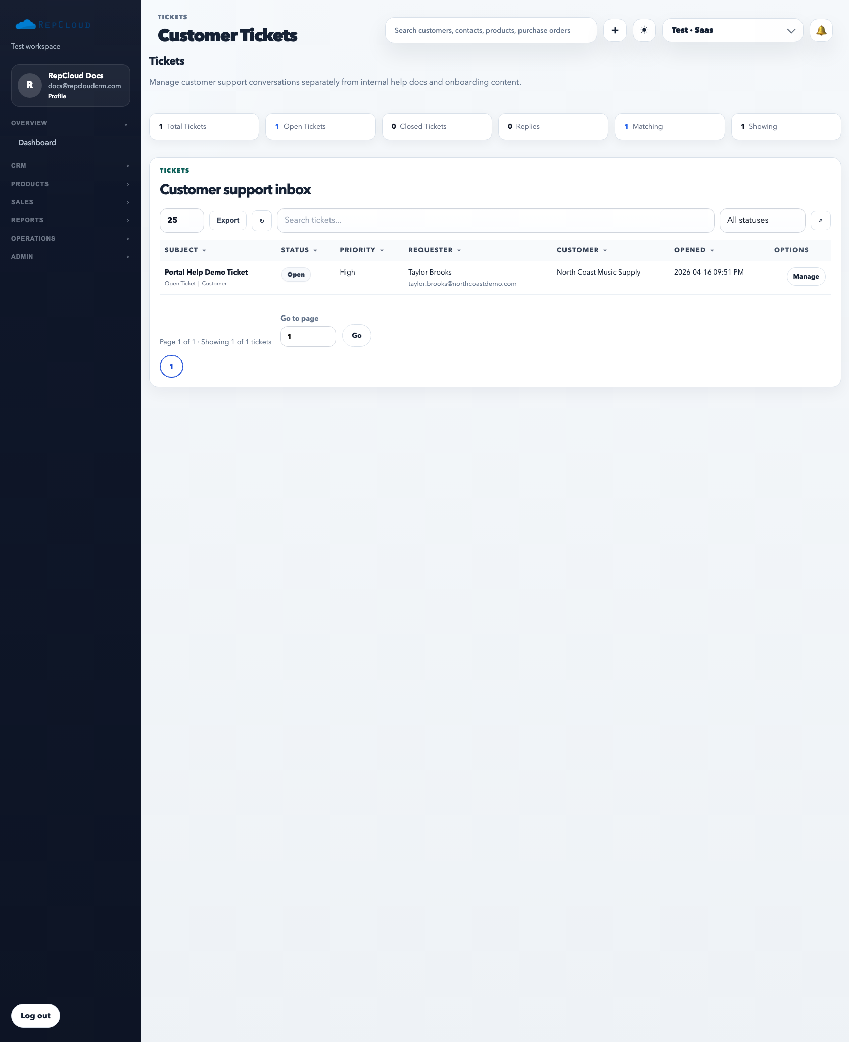 Ticket list showing status filters, requester info, customer names, and ticket counts.