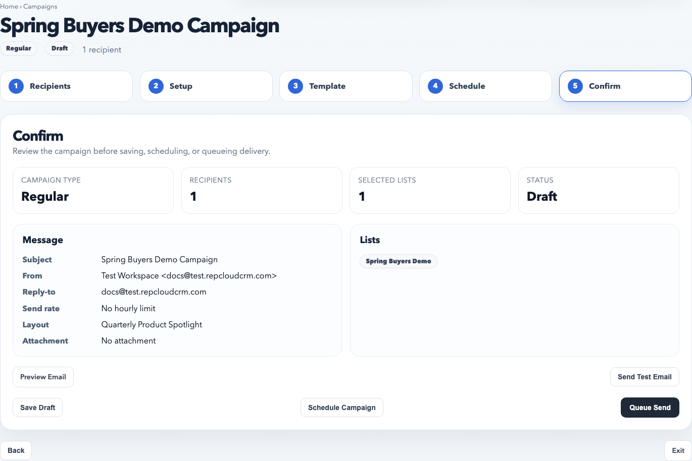 Campaign builder confirm step showing campaign summary and send or schedule actions.