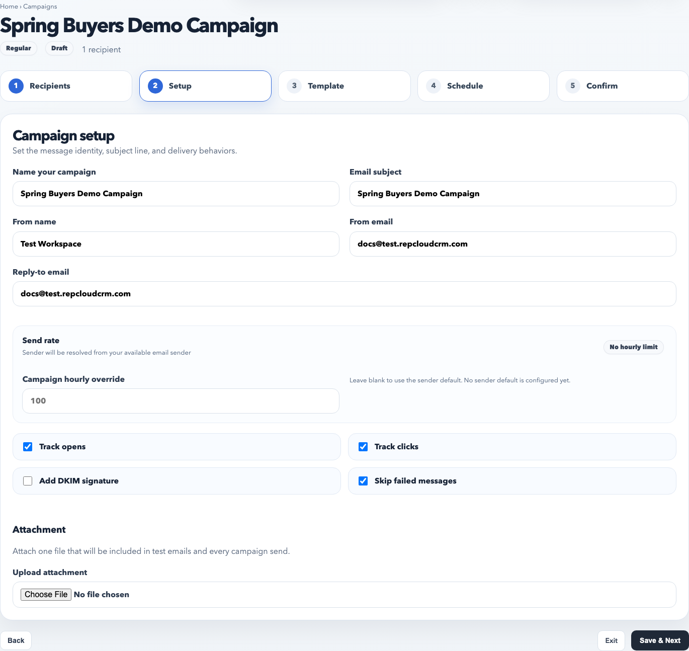 Campaign builder setup step showing campaign name, subject, sender settings, and tracking options.