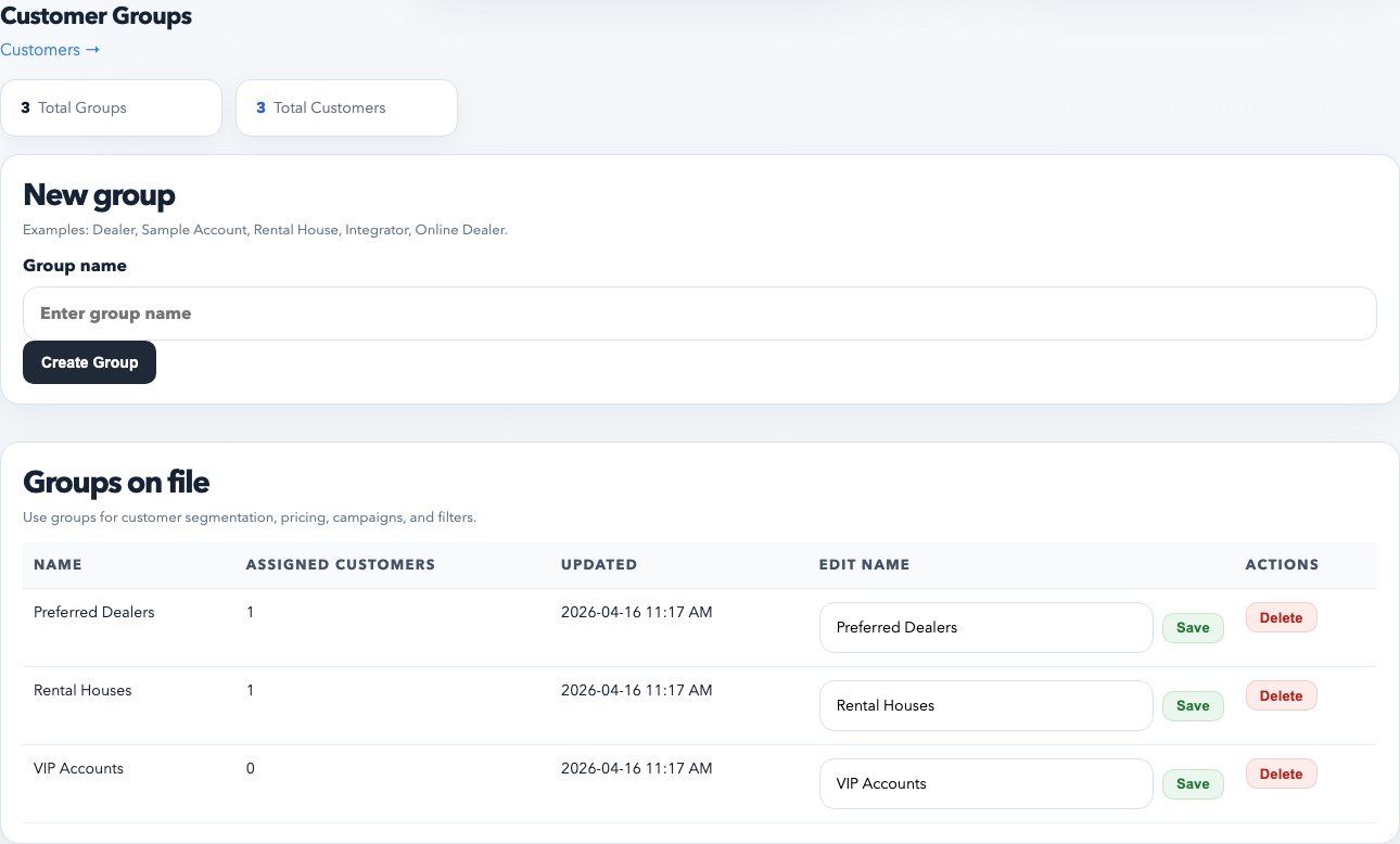 Customer Groups directory showing existing customer groups and group management actions.