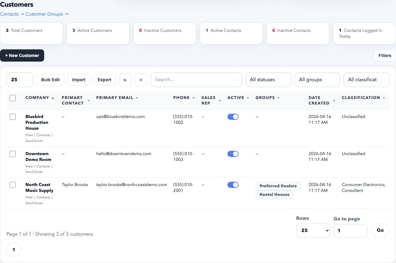 Customer directory showing the New Customer button, filters, and customer table.