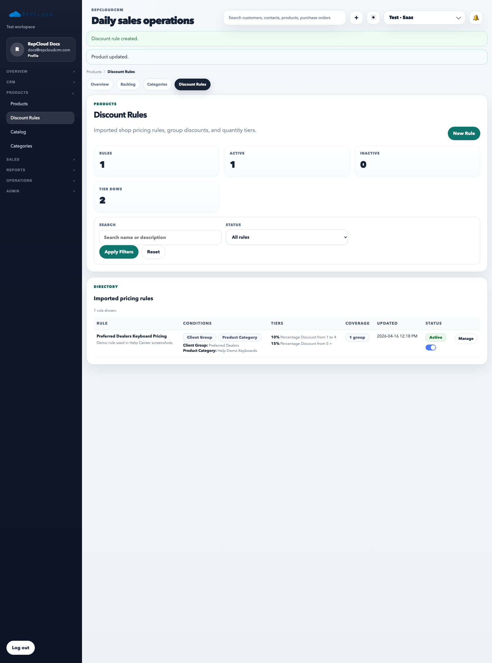 Discount Rules directory showing pricing rules, conditions, tiers, coverage, and status.