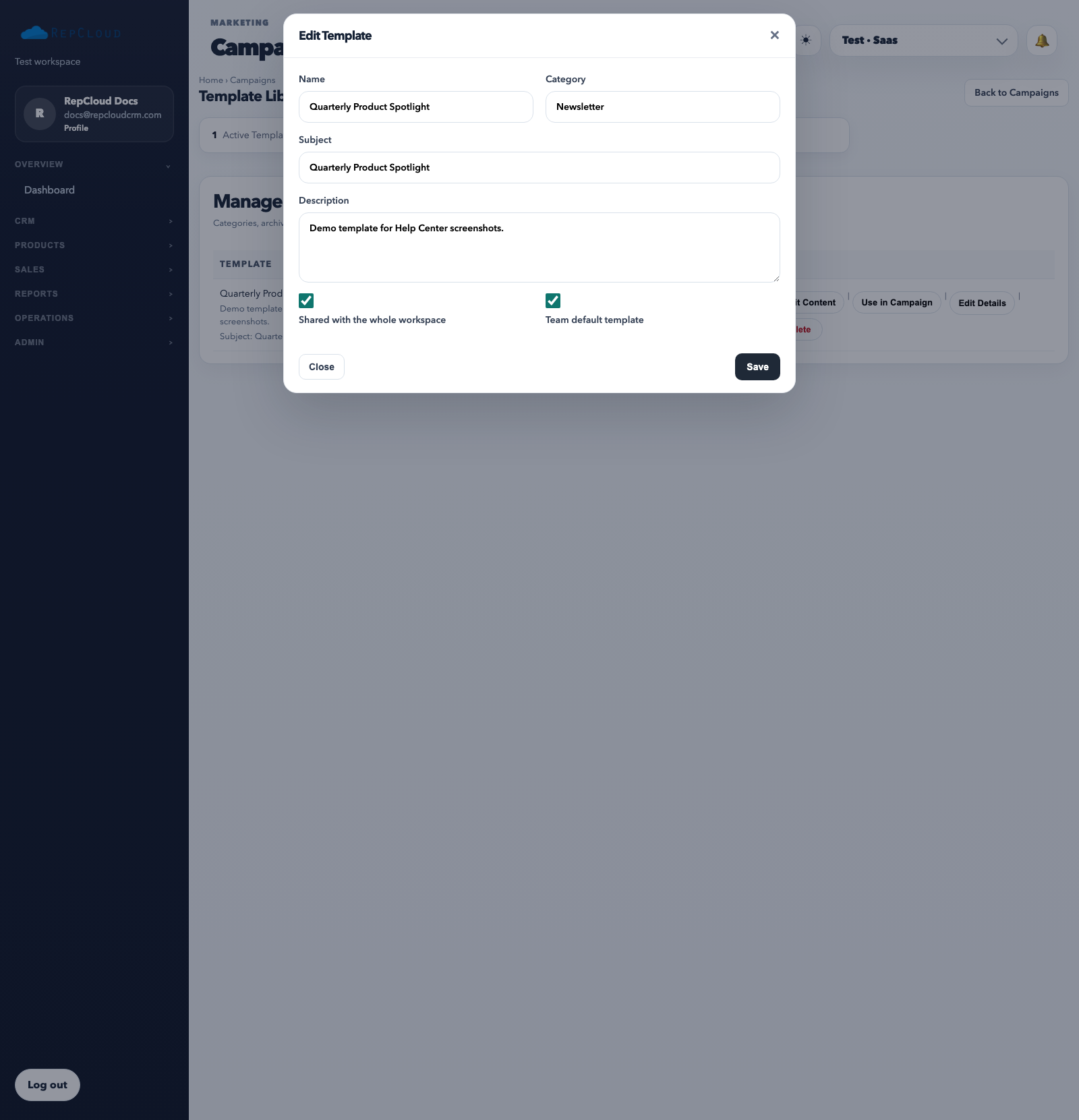 Template edit modal showing name, category, description, subject, shared flag, and default flag.