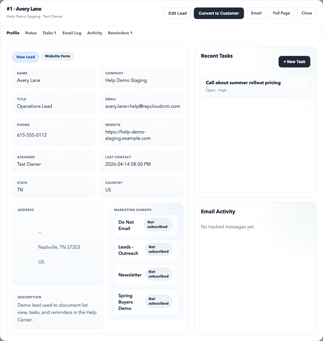 Lead workspace modal showing profile fields, recent tasks, email activity, and lead tabs.