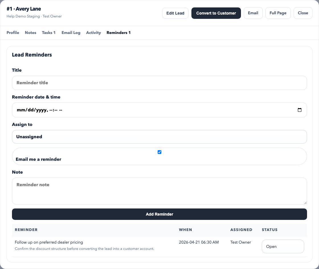 Lead workspace reminders tab showing the reminder form and reminder table with due dates and status.