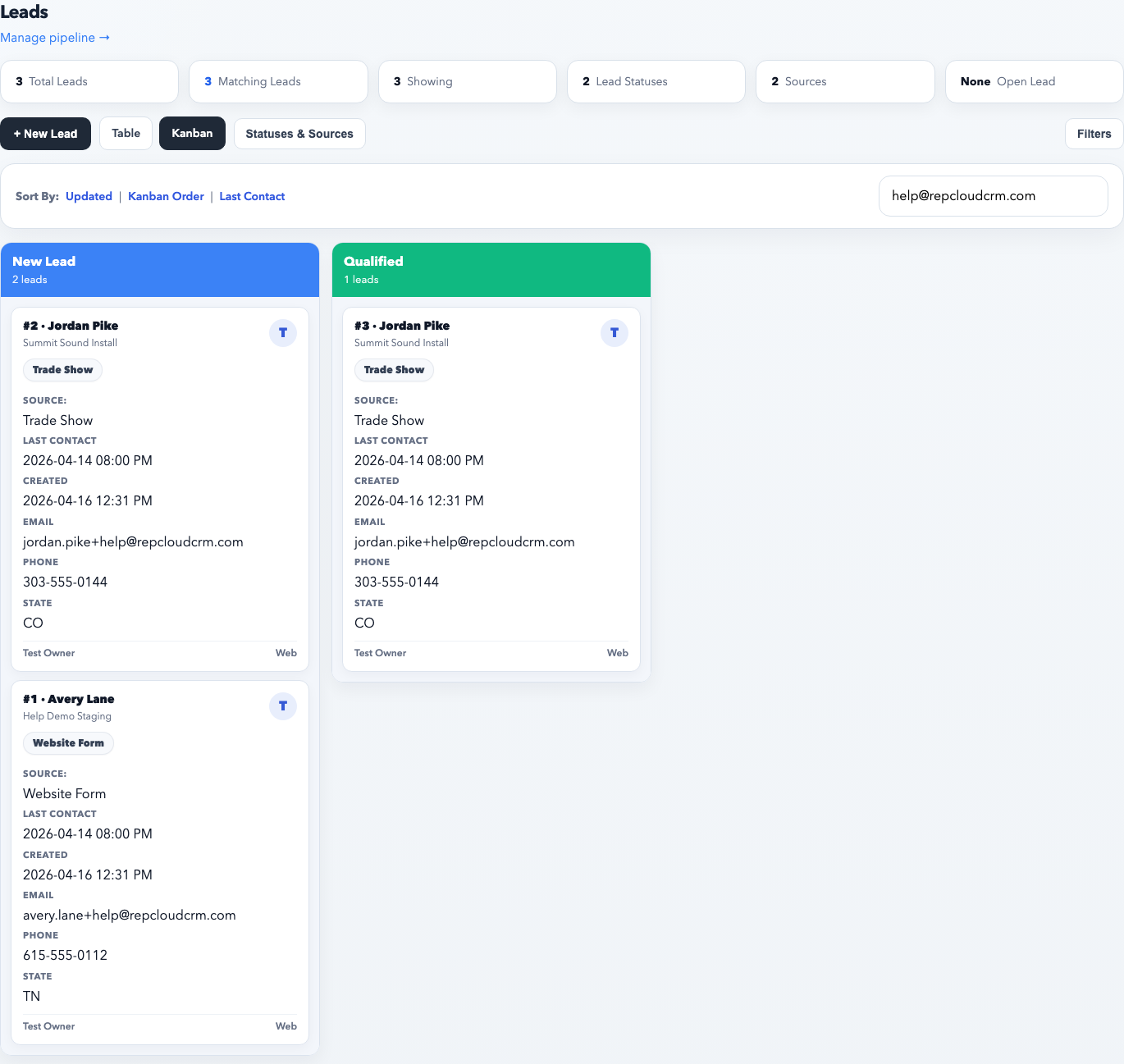 Leads Kanban board showing multiple status columns with lead cards grouped by stage.