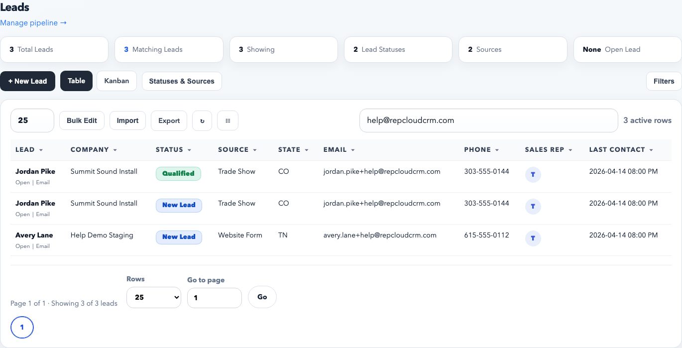 Leads table view showing filters, search, statuses, sources, and row actions.