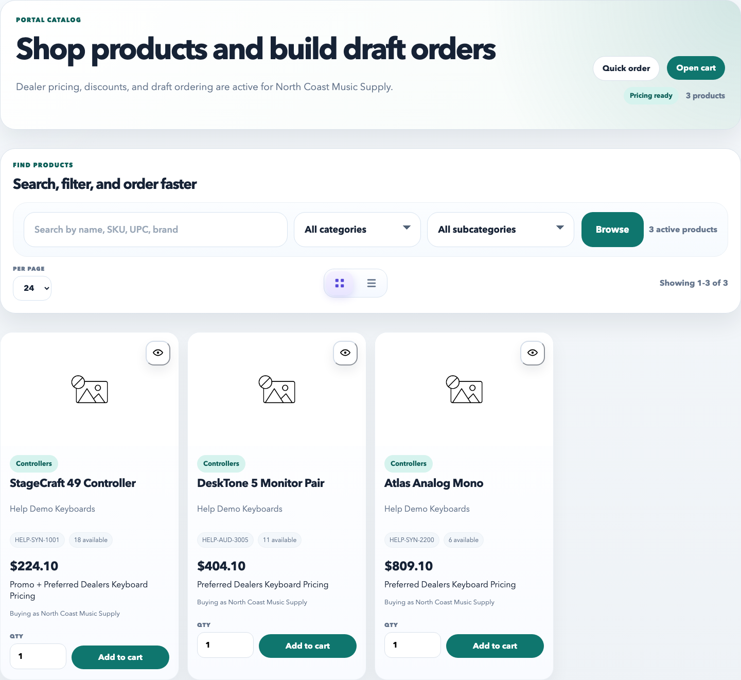Portal products tab showing customer product search, filters, and catalog results.