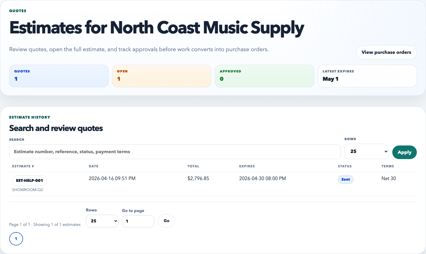 Portal estimates page listing estimate numbers, statuses, dates, and totals.