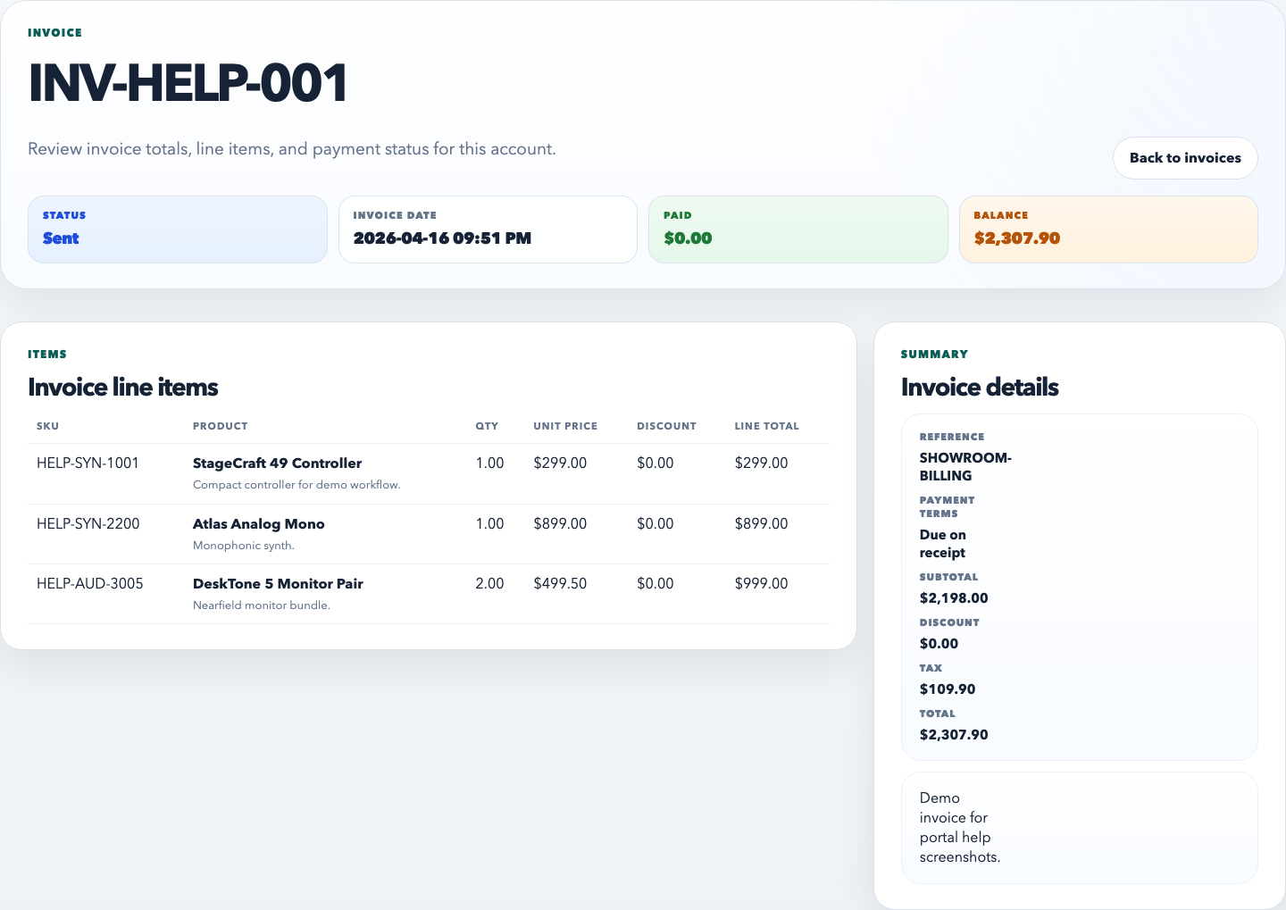 Portal invoice detail page showing itemized invoice lines, summary totals, and invoice header information.