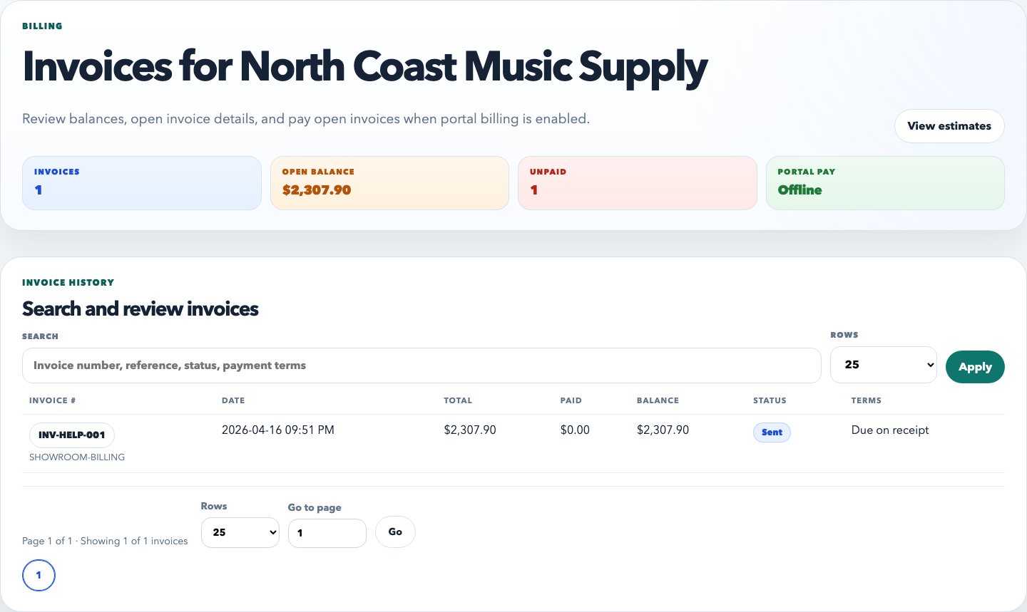 Portal invoices page listing invoice numbers, due dates, paid dates, and invoice statuses.