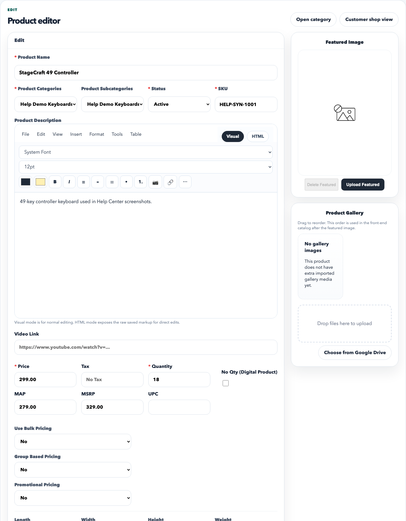 Product editor showing name, category, subcategory, SKU, description, pricing, quantity, and pricing rule controls.