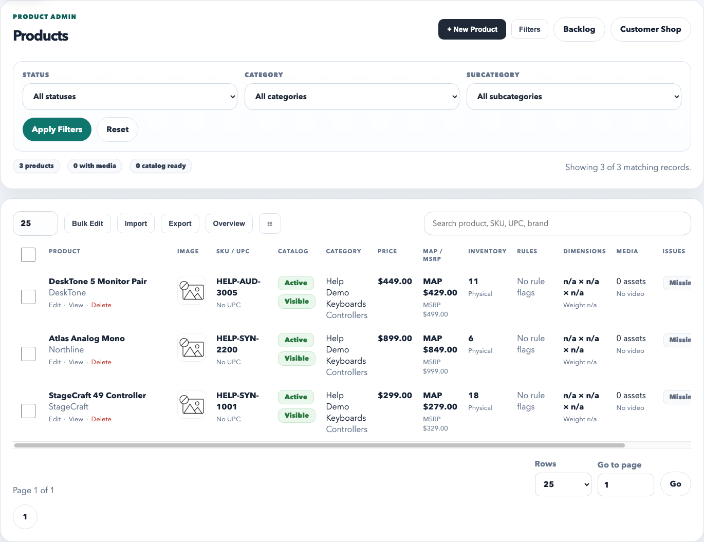 Products overview showing filters, new product button, bulk edit, import, export, and the product table.