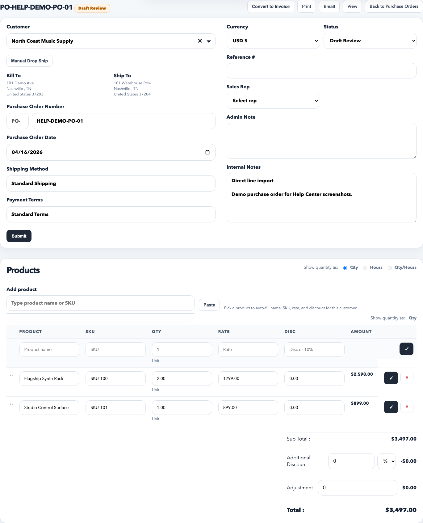 Purchase order edit view showing line items, addresses, shipping fields, and document controls.