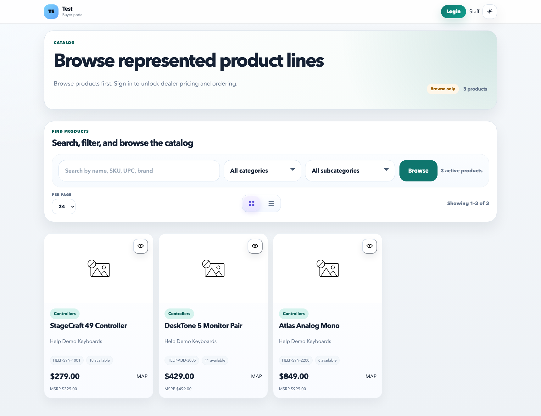 Catalog page showing product cards, search, and the left-side filter panel.