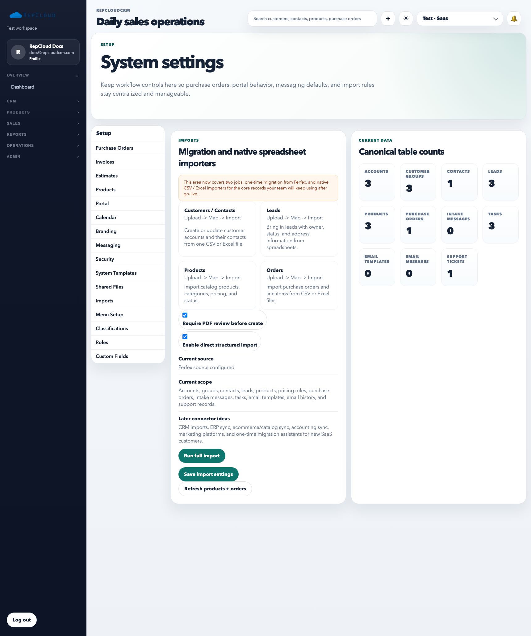 Setup Imports tab showing native importer cards, migration options, and import behavior settings.