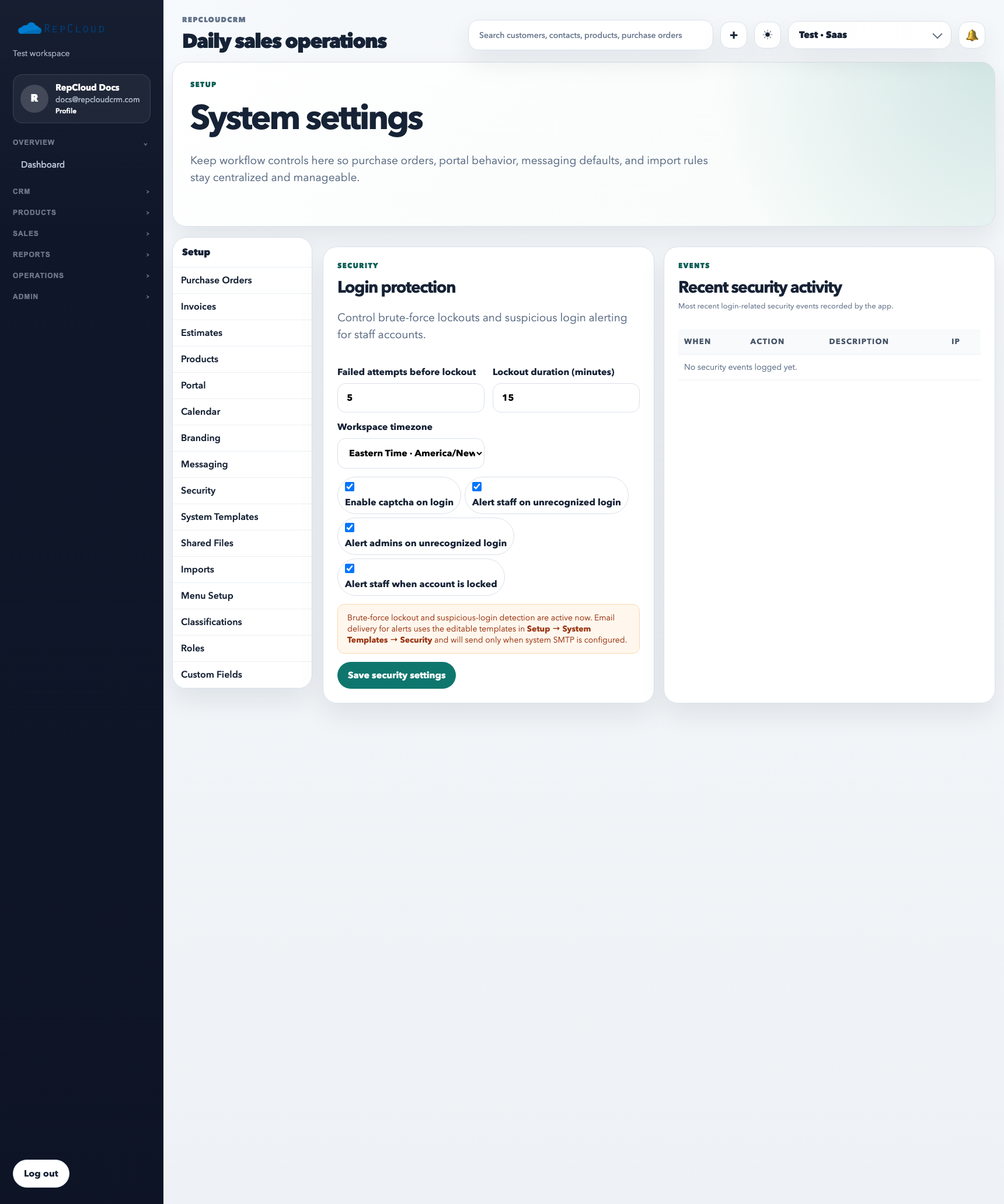 Setup Security tab showing failed-attempt threshold, lockout timing, captcha, and alert options.